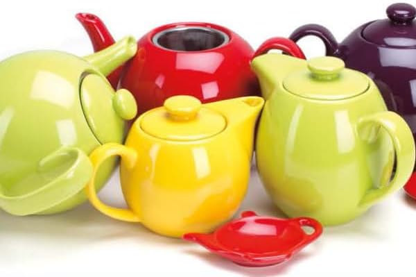 OmniWare 14 Oz Stoneware Teapot with Stainless Steel Mesh Infuser (Citron) - Microwave & Dishwasher Safe, Removable Infuser, Retro-Style Kitchenware Ideal for Loose Tea Brewing