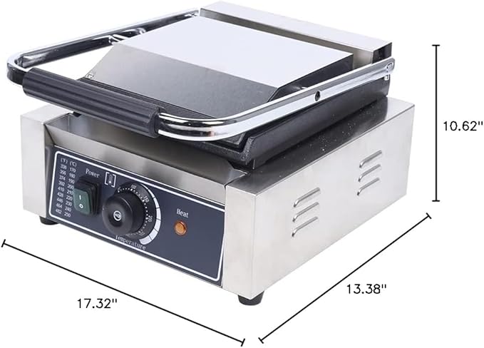 Grill Sandwich Maker, Panini Press Electric Contact Grill Single for Hamburgers Steaks Vegetables Breakfast Sandwiches, Single Smooth Top & Bottom 110V 1800W