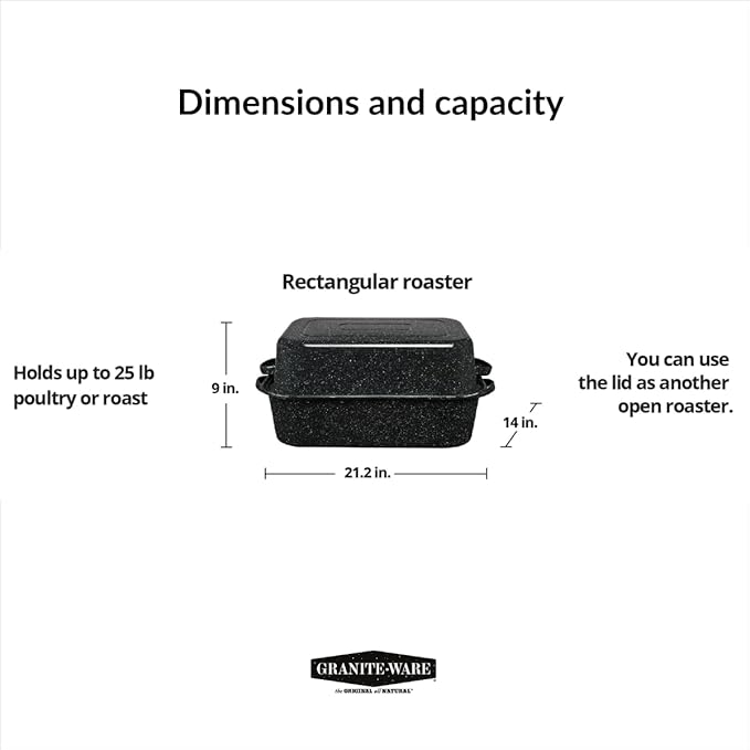 Granite Ware 21-Inch Covered Rectangular Roaster - Enamel Steel Cookware, Nonstick & Chemical-Free, Dishwasher Safe - 25 Lb Capacity, Large Roasting Pan for Meats, Poultry, Vegetables (Speckled Black)