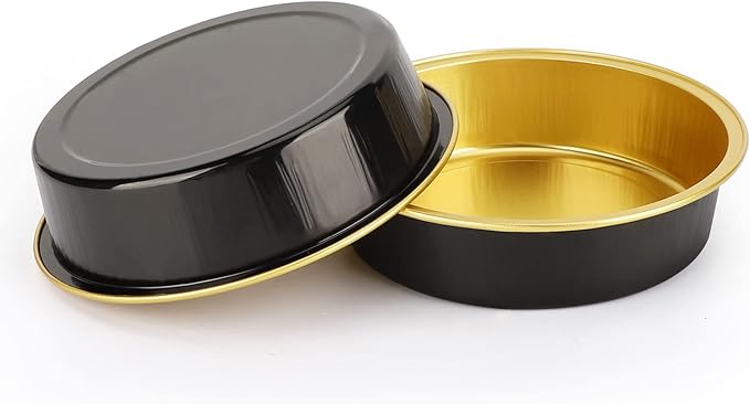 Beasea Aluminum Cupcake Pans With Lids, 4 Inch 50 Pack Disposable Pie Pans For Cake, 8 Oz Aluminum Pie Pan Tin Black Golden Tart Pans Round Oven Baking Mini Cake Pan For Pie Tart Quiche