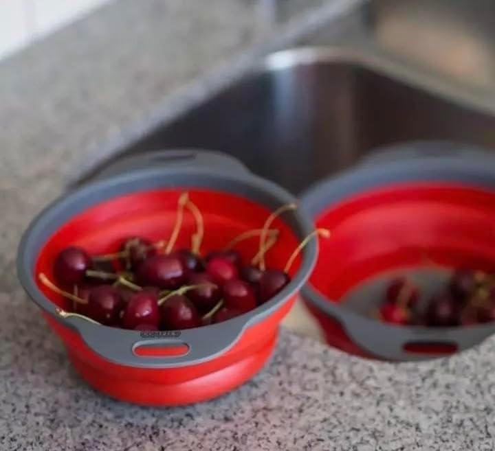 New and improved- Set of 3 Niklye Ultimate Kitchen Strainers—1×10” & 2×12” Collapsible Silicone Colanders. Now more durable and robust for everyday use with pasta, veggies, fruit & more.