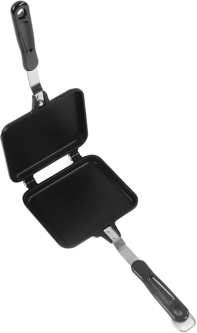 Double Sided Frying Pan, Sandwich Grill Maker with Non Stick Cast Iron Grilling Plate - Foldable Grill for Breakfast, Toast, Panini, Waffle