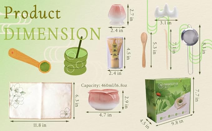 8 Pcs Red Petal Matcha Set Bowl with Spout Bamboo Chasen Sifter Spoon Scoop Whisk Holder Tea Cloth Complete Matcha Making Kit(Red)