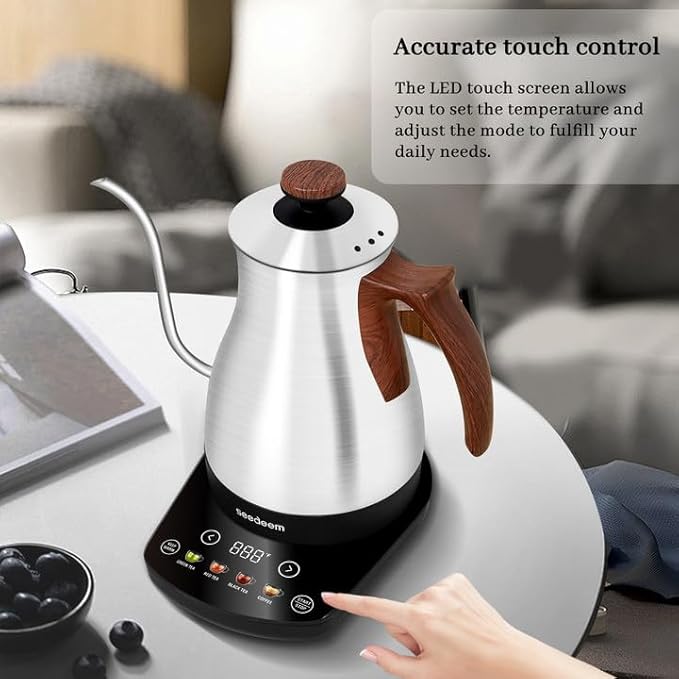 SEEDEEM Gooseneck Electric Kettle Full Touch Screen 1200W Electric Tea & Coffee Kettle with Four Heating Modes Rapid Heating,±1℉ Temperature Control,Keep Warm Mode,1L Electric kettle