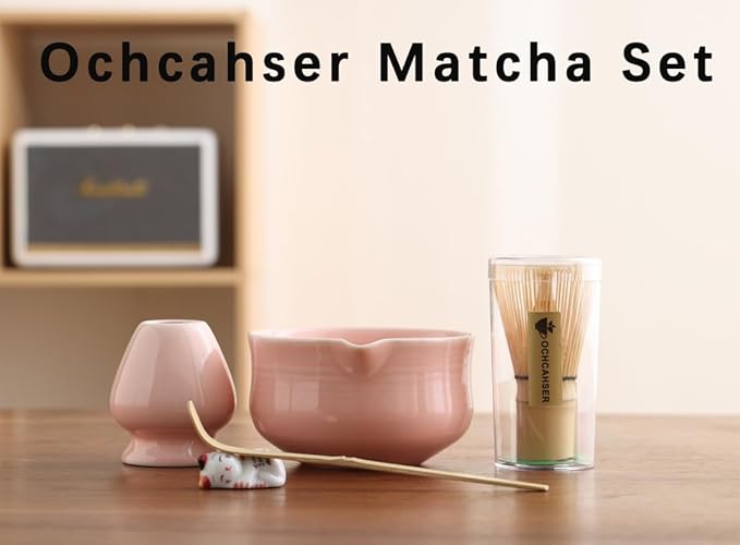 Matcha Set, Pink Ceramic Matcha Kit Includes Matcha Bowl, Matcha Whisk Holder (chasen), Bamboo Matcha Whisk, Bamboo Scoop and Scoop Stand, Japanese Tea Set for Women