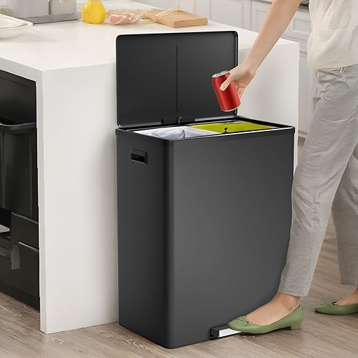 GarveeHome Step Dual Trash Can, 60 L/16 gal Recycle Bins with Lid, 2 Removable Wastebusket, Step Pedal, Large Stainless Steel Double Trash Bin for Kitchen, Bathroom