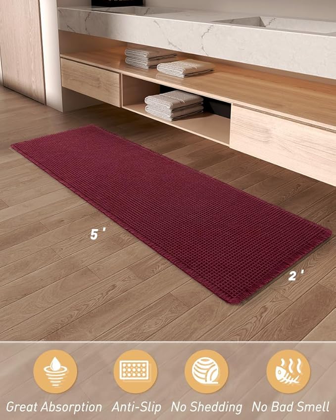 Upgraded Waffle Runner Rug Super Absorbent Non Slip Bath Mats for Bathroom Machine Washable Bathroom Runner Rug with Tassels, Ideal for Hallway Bedroom Laundry Room, 2'x 5'(24" x 60"), Burgundy