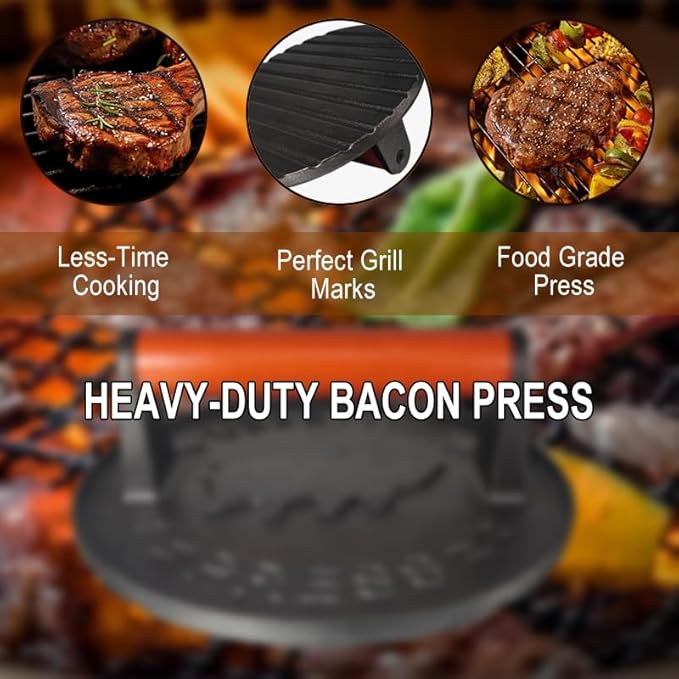 7inch Diameter Bacon Press, Grill Press, Burger Press, Meat Press, cast Iron Grill Press, cast Iron Grill, Iron Press, with Wooden Handle Perfect for Flat Top Griddle Grill Cooking