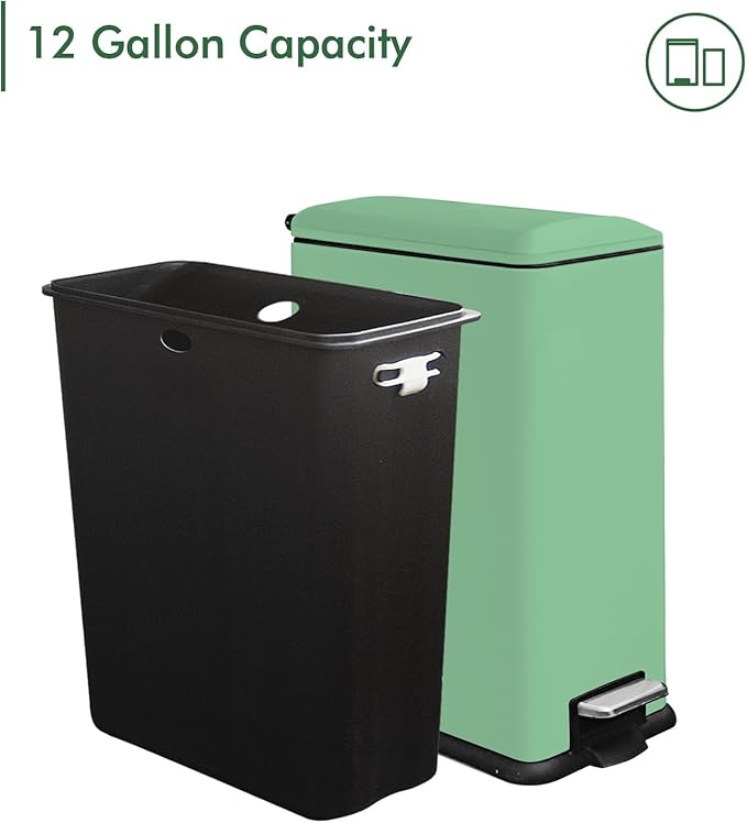 12 Gallon Trash Can with Lid,45L Kitchen Garbage Can,Stainless Steel Trash Can for Narrow Spaces with Soft-Close Lid, Inner Bucket, and Step-on Pedal