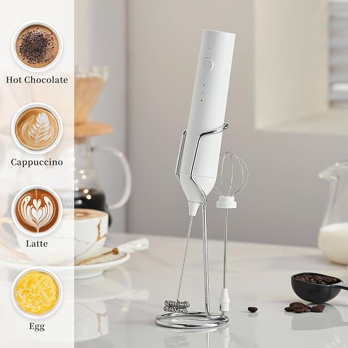 Powerful Electric Milk Frother Set, Rechargeable Drink Blender with Wand and Egg Whisk, Foam Maker Mixer, Milk Frother Handled for Coffee, Latte, Matcha, Protein Powder (White with Stand)