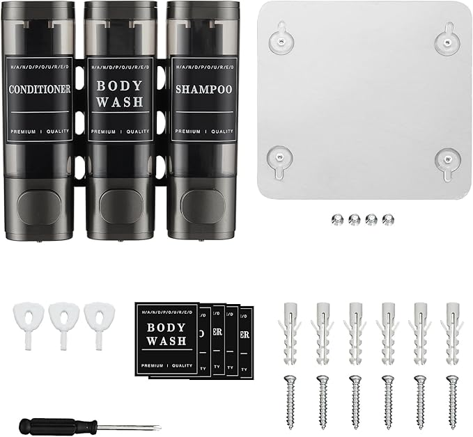Shampoo and Conditioner Dispenser,Unisense Shower Soap Dispenser 3 Chamber No Drill Wall-Mounted Shampoo Dispenser for Shower Wall Mounted Shower Dispenser for Bathroom Hotel Large Capacity,Dark Gray