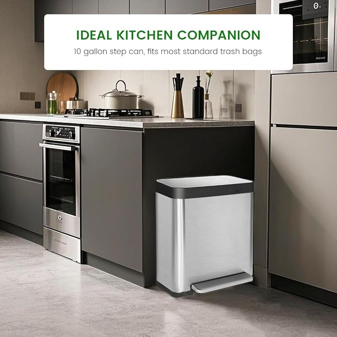 10 Gallon Stainless Steel Trash Can with Removable Inner Bucket, Soft Close & Stay Open Lid, Step-on Pedal – Modern Kitchen Waste Bin