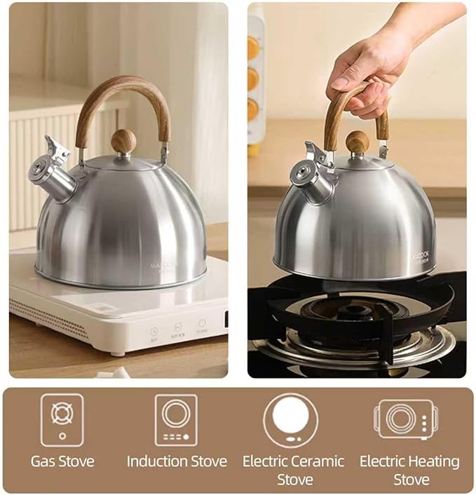 Tea Kettle, 18/8 Stainless Steel Whistling Teapot, 3.17 Quart Camping Tea Kettle for Stovetop, Water Coffee Pot with Anti-Hot Wood Handle (3L,Silver)