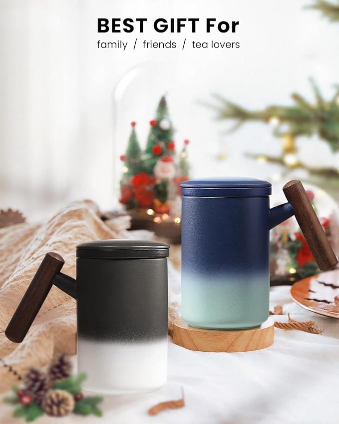 15 OZ Porcelain Tea Infuser Cup with Lid,Ceramic Tea Mug with Porcelain Strainer for Loose Leaf,Tea Strainers Cup with Wood Handle,BPA-Free,Gifts for Tea's Lover(Gradient Blue)
