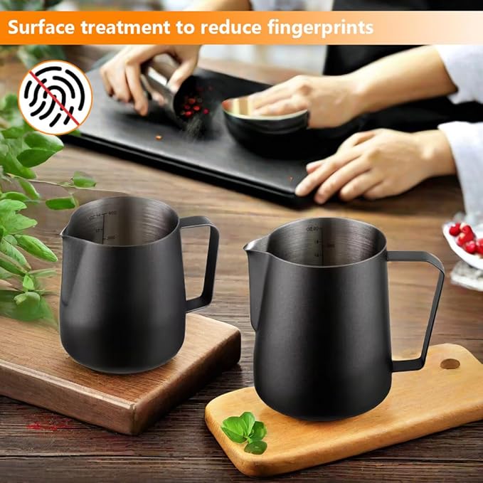 Milk Frothing Pitcher 14oz, Stainless Steel Milk Steaming Pitcher 400ml, Milk Frother Cup with Measurement Marks, Black