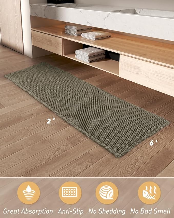 Upgraded Waffle Runner Rug Super Absorbent Non Slip Bath Mats for Bathroom Floor, Machine Washable Bathroom Runner Rug with Tassels, Ideal for Hallway Bedroom Laundry Room, Green, 2' x 6'(24" x 72")