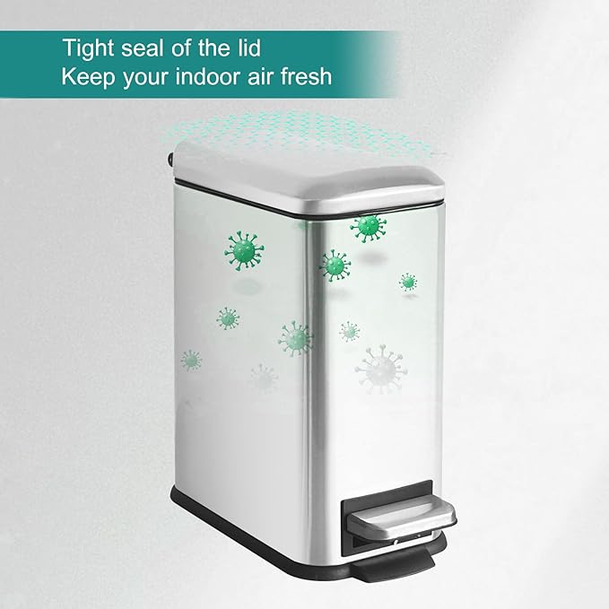 Small Bathroom Trash Can with Lid, 1.3 Gallon Stainless Steel Trash Can with Removal Inner Bucket, Soft Close Lid, Step Pedal, Compact Trash Bin for Bedroom, Office, Kitchen (Silver)