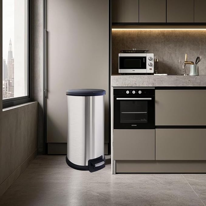 10 Gallon Stainless Steel Trash Can – Round Tall Design, Hands-Free Pedal, Liner-Free with Inner Ring Bag Holder,Rust-Proof for Kitchen, Office, or Bathroom