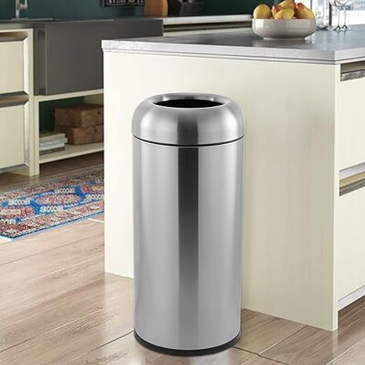 WICHEMI 16 Gallon Commercial Large Trash Can, Bullet Outdoor Trash Bin with Open Top Lid, Brushed Stainless Steel Garbage Can, Silver