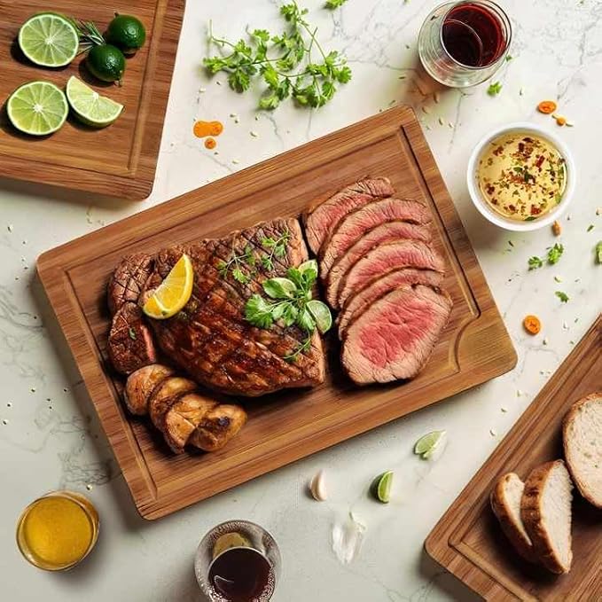 Crack Resistant Cutting Boards for Kitchen Serving & Meal Prep - Bamboo Wood Board Set with Deep Juice Grooves & Side Handles - Charcuterie & Chopping Butcher Block for Meat (3 Pcs)