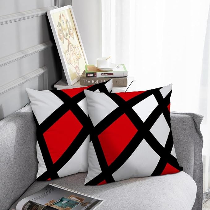 Modern Art Geometric Pillow Cover, Decorative Throw Pillow Covers Red Black Abstract Artwork Cushion Cover for Bedroom Sofa Living Room 18 x 18 Inch Set of 2