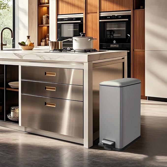 12 Gallon Trash Can with Lid,45L Kitchen Garbage Can,Stainless Steel Trash Can for Narrow Spaces with Soft-Close Lid, Inner Bucket, and Step-on Pedal
