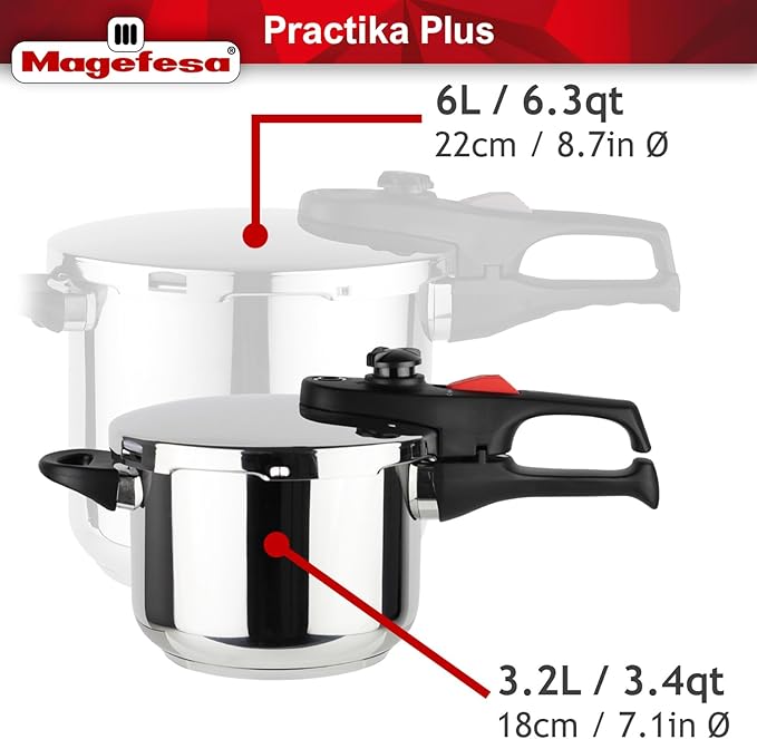 MAGEFESA Practika Plus 3.4-Quart Pressure Cooker – 18/10 Stainless Steel, Induction Compatible, 5-Layer Heat Diffuser Bottom, 5 Safety Systems, Even Heat Distribution