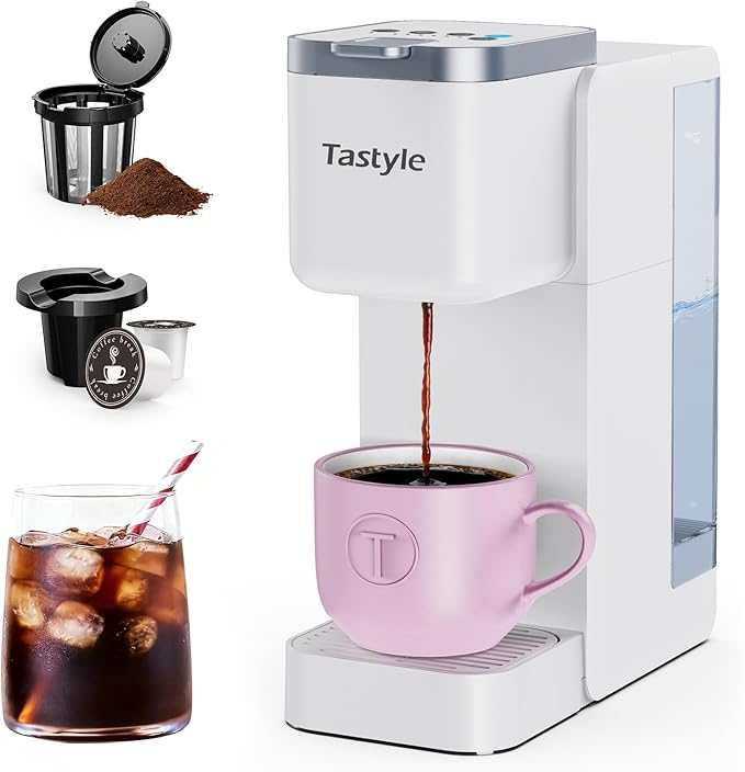 Single Serve Coffee Maker, Iced and Hot Coffee Machine for K Cup & Grounds, Compact Design, 40oz Removable Water Reservoir, 6 to 24 Oz Brew Sizes, Fits 7.3" Travel Mug, White