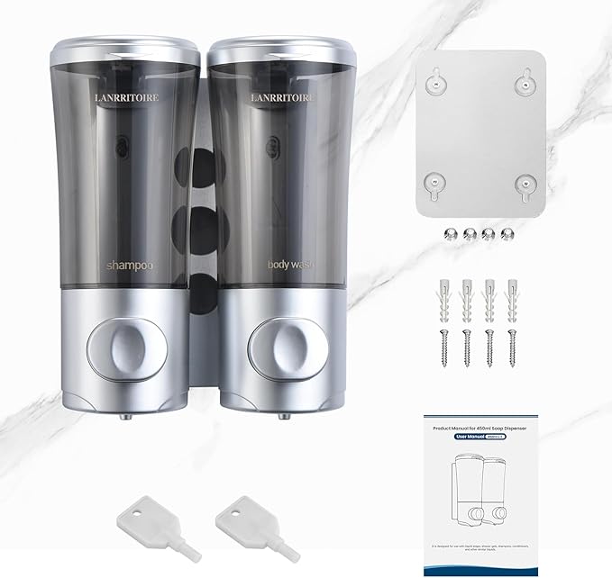 Shampoo and Conditioner Dispenser, Shower Soap Dispenser 2 Chamber No Drill Wall Mounted Shampoo Dispenser Shower Dispenser for Bathroom Hotel Large Capacity,Silver