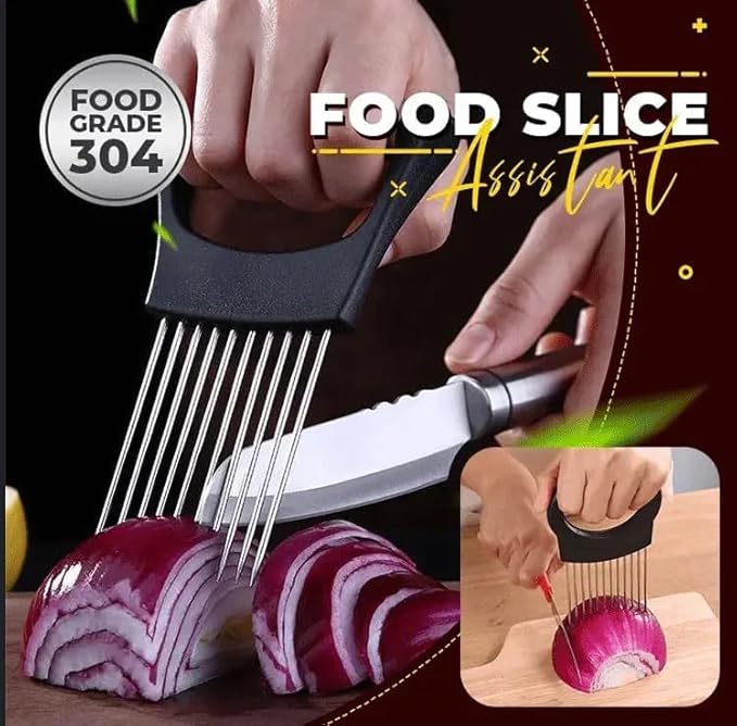 Onion Slice Holder, 2024 New Stainless Steel Holder for Slicing, Chopper Assistant Tool, Cutter for Meat, Onion, Potato, Tomato Kitchen Gadgets (Red, 1 Pack)