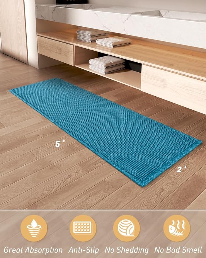 Upgraded Waffle Runner Rug, Super Absorbent Non Slip Bath Mats for Bathroom Floor, Machine Washable Bathroom Runner Rug with Tassels, Ideal for Hallway Bedroom Laundry Room, Teal, 2'x5'(24" x 60")