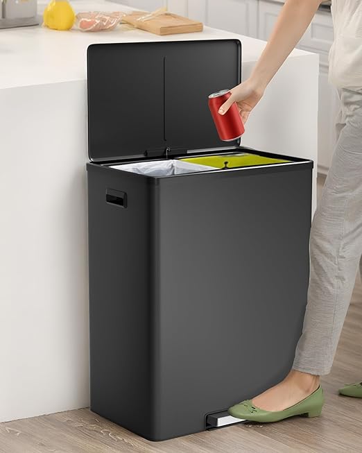 Garvee Dual Trash Can for Recycling and Trash, Stainless Steel Kitchen Trash Can with Lid and Foot Pedal, Double Compartment Garbage Can, with Recycling Bin