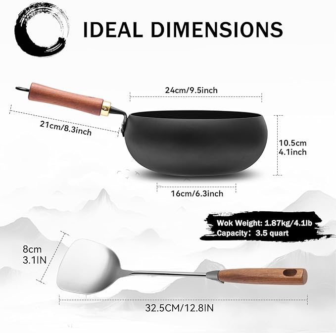 WANGYUANJI 9.5-Inch Iron Wok Pan with Lid & Spatula, Deep Flat-Bottom Stir Fry, Uncoated & Unseasoned, Induction Compatible, Upgraded Wooden Handle