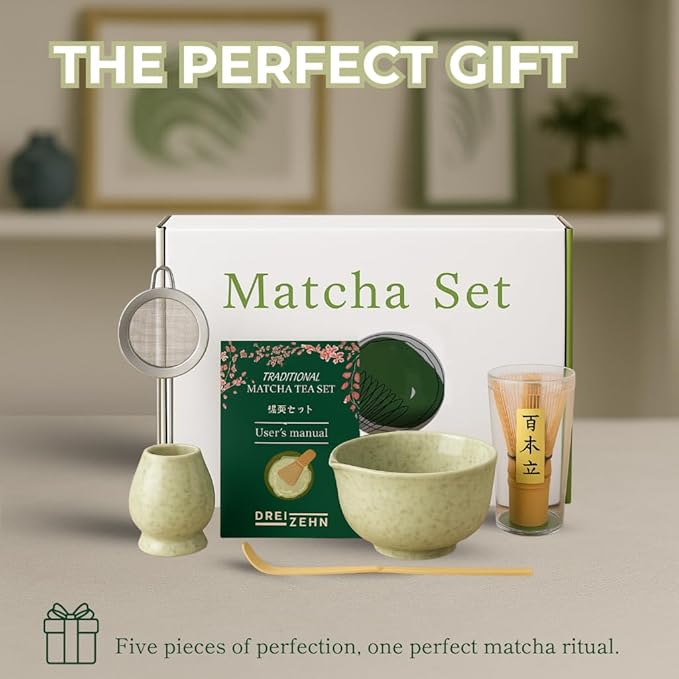 Dreizehn Matcha Whisk Set – 5 Piece Matcha Kit with Bowl, Whisk, Scoop, Sifter & Jar – Japanese Style Tea Set for Making Smooth and Frothy Matcha Green Tea at Home or as a Gift, Mottled Green