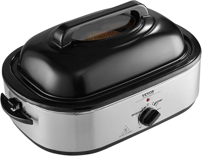 VEVOR Electric Roaster Oven, 22 QT Turkey Roaster with Self-Basting Lid, 1450W Roaster with Defrost & Warm Function, Adjustable Temp, Removable Pan & Rack, Fits Turkeys Up to 26LBS, Silver