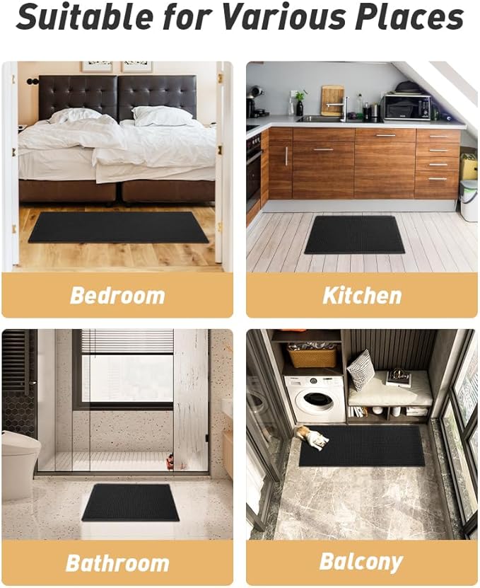 AMOAMI Upgraded Waffle Runner Rug Super Absorbent Non Slip Bath Mats for Bathroom Machine Washable Bathroom Runner Rug with Tassels, Ideal for Hallway Bedroom Laundry Room, 17" x 48", Black