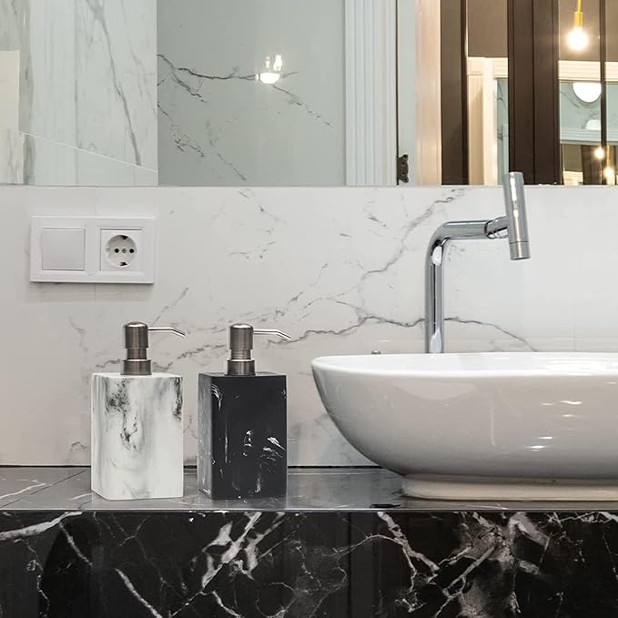 2Pcs Hand Soap Dispenser Sets for Bathroom Countertop,Refillable Marble Texture Resin Stone Liqiud Dish Soap Dispenser for Kitchen Sink-15 Oz/445ml (Black&White)