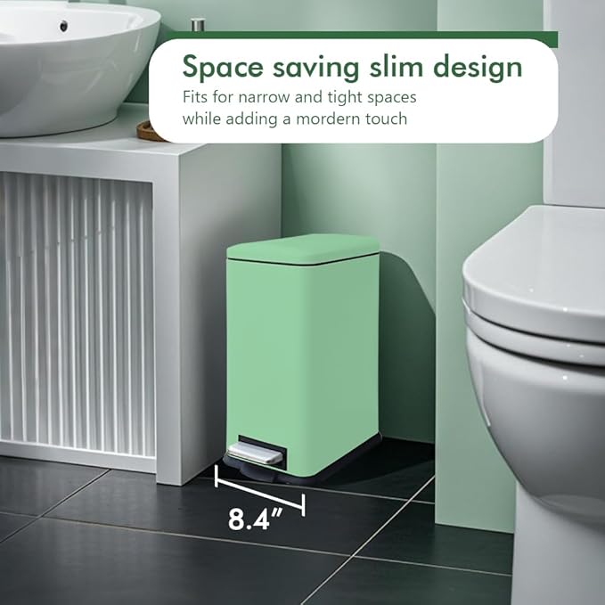 Green 16.7L/4.4 Gallon Bathroom Trash Can with Lid. Features a removable inner bucket, a soft - close lid, and a stainless - steel step pedal. Ideal for use in the bathroom, kitchen, and home office.