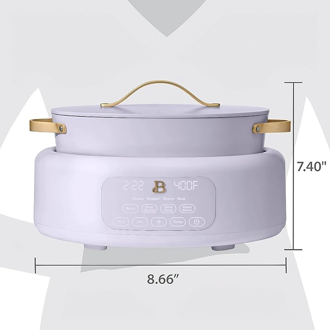 Beautiful 10-in-1 6Qt Electric Multi-Cooker by Drew Barrymore – Slow and Rice Cooker, Steamer, Dutch Oven, Sauté & More – Touch Display, Oven Safe, Dishwasher Safe (Lavender)