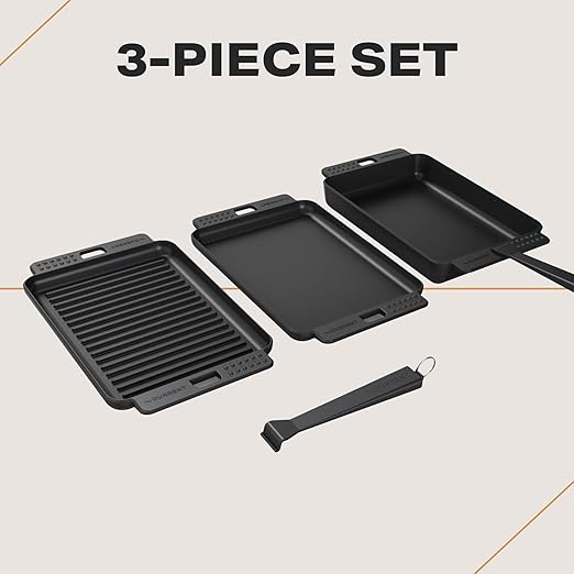 CURRENT® Cast Iron Sizzle Plates 3-Piece Set - Deep Pan, Shallow Pan, Grill Pan with Removable Handle, Pre-Seasoned, Heat Retention, Compatible Model P Pizza Oven