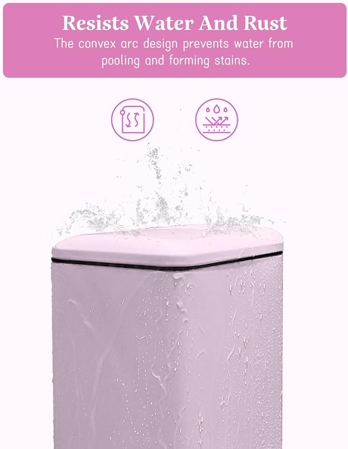 Bathroom Trash Can, 10L/2.6 Gallon Stainless Steel Slim Garbage Can, Pedal Trash Bin with Removable Liner Bucket, Soft Close Lid, Rectangle Trash Bin for Office, Kitchen, Bedroom, Pink