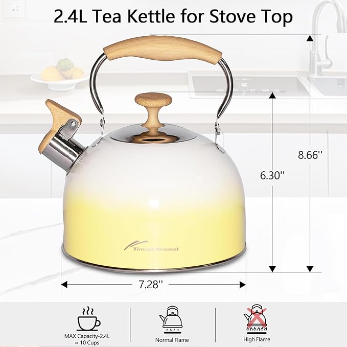 Tea Kettle, 2.5 Quart /2.4 Liter Whistling Tea Kettle,Food Grade Stainless Steel Tea Pot With Folding Handle, Suitable for Induction & Gas Stove,Teapot Stovetop for Tea, Coffee, Milk - Gradient Yellow