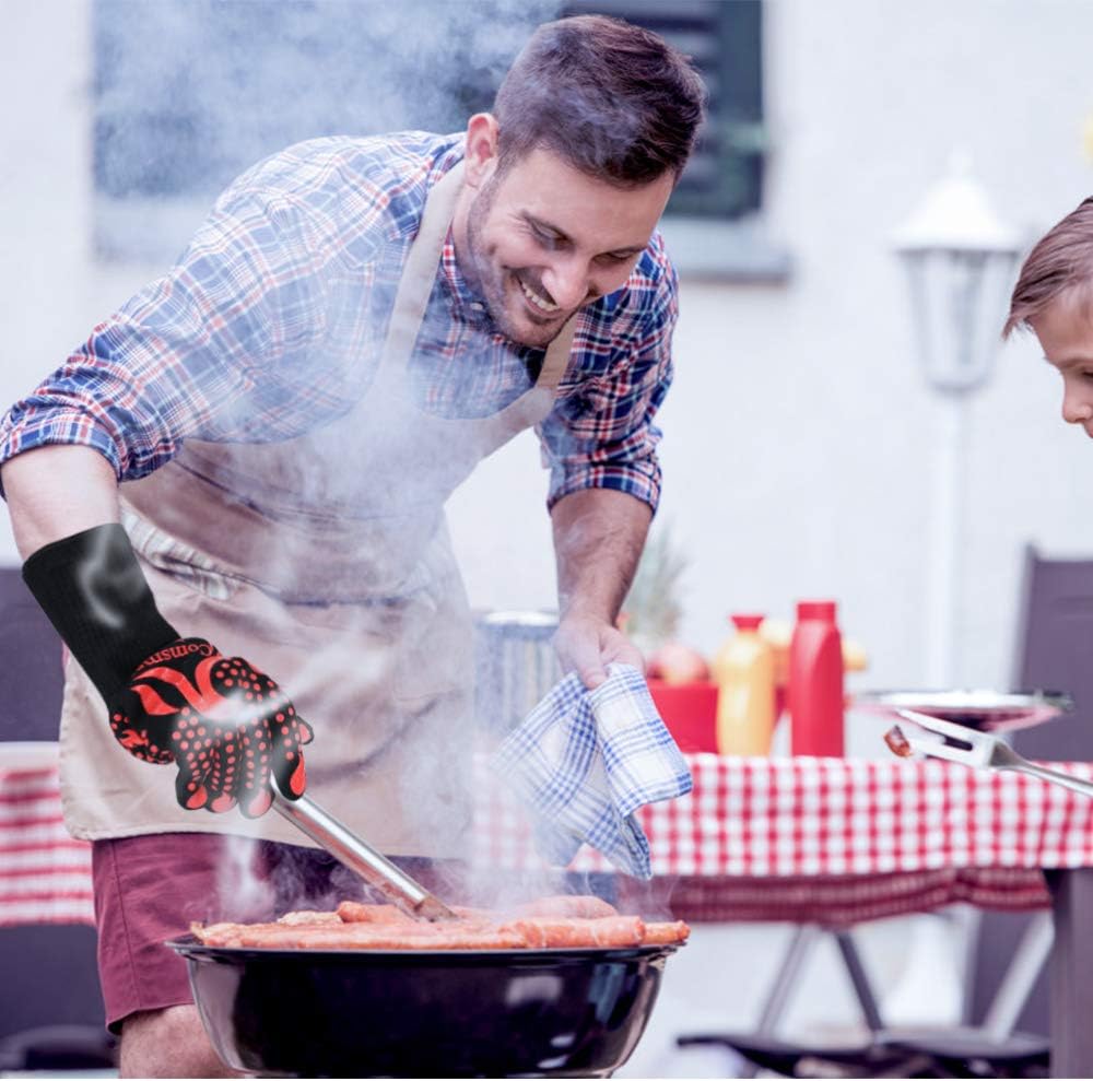 Comsmart BBQ Gloves, 1472 Degree F Heat Resistant Grilling Gloves Silicone Non-Slip Oven Gloves Long Kitchen Gloves for Barbecue, Cooking, Baking, Cutting