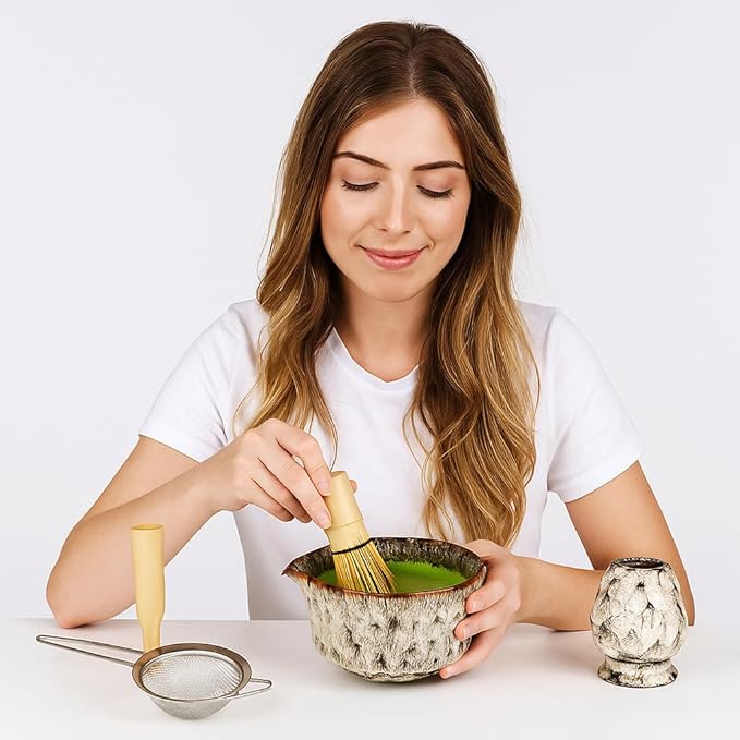 Matcha Whisk Set, 2025 New Ceramic Matcha Set Includes Matcha Bowl, Bamboo Scoop,Sifter, Whisk and Holder- 5 Pcs Kit for Matcha Lovers (Snowflake White)