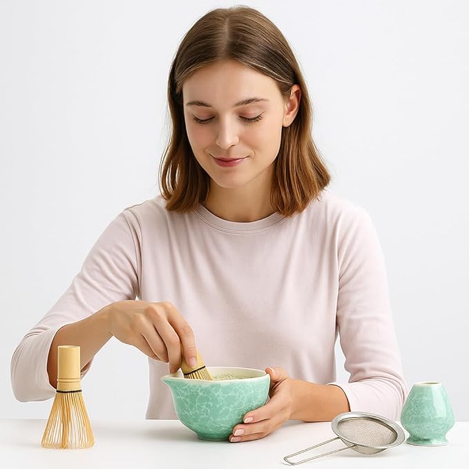 Matcha Whisk Set, 2025 New Ceramic Matcha Set Includes Matcha Bowl, Bamboo Scoop,Sifter, Whisk and Holder- 5 Pcs Kit for Matcha Lovers (Emerald Green)