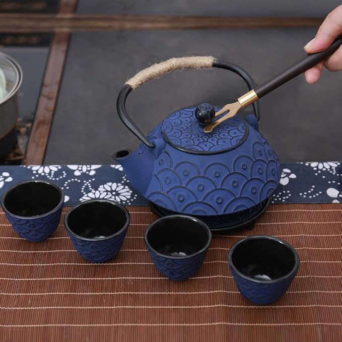 Japanese Style Cast Iron Teapot Set with 4 Tea Cups Iron Tea Kettle with Infuser Hemp Rope Trivet Asian Gift for Adults Parents (Fish Scale Pattern, Blue,Anti Rust)