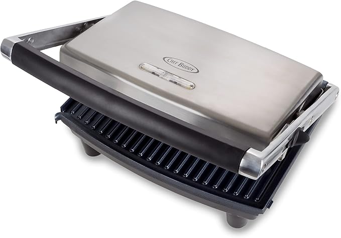 Panini Press Gourmet Grilled Cheese and Sandwich Maker - Electric Indoor Grill with Drip Tray for Healthy Cooking Options by Chef Buddy (Silver)