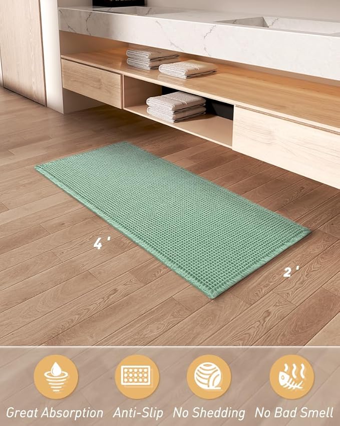 AMOAMI Upgraded Waffle Runner Rug Super Absorbent Non Slip Bath Mats for Bathroom Machine Washable Bathroom Runner Rug with Tassels, Ideal for Hallway Bedroom Laundry Room, 2'x 4'(24" x 48"), Sage
