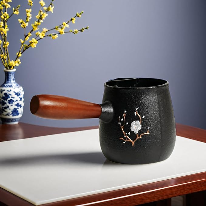 Handcrafted Cast Iron Teapot for Open Flame Brewing - Side Handle Tea Kettle for Milk Tea, Boiling, and Steeping - Traditional Tea Set (Plum Flower)