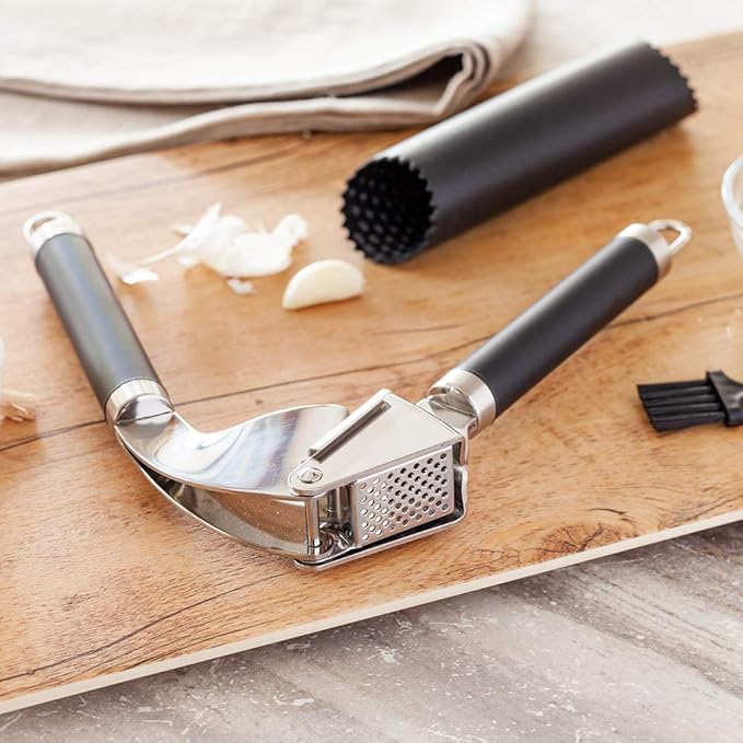 Restaurantware Met Lux 7.6 Inch x 2.5 Inch x 1.3 Inch Garlic Crusher 1 With Easy Clean Brush Garlic Press And Peeler Set - 3-Piece Silicone Peeler Black Stainless Steel Minced Garlic Tool